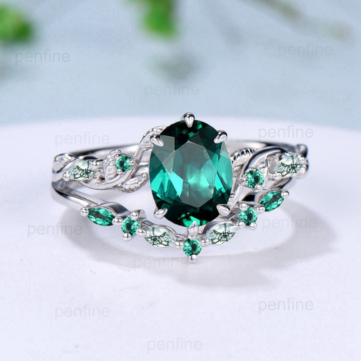 Retro 2Ct 7x9mm Oval emerald engagement ring set nature inspired Leaf Vine wedding marquise moss agate ring set Handmade Proposal Gifts - PENFINE