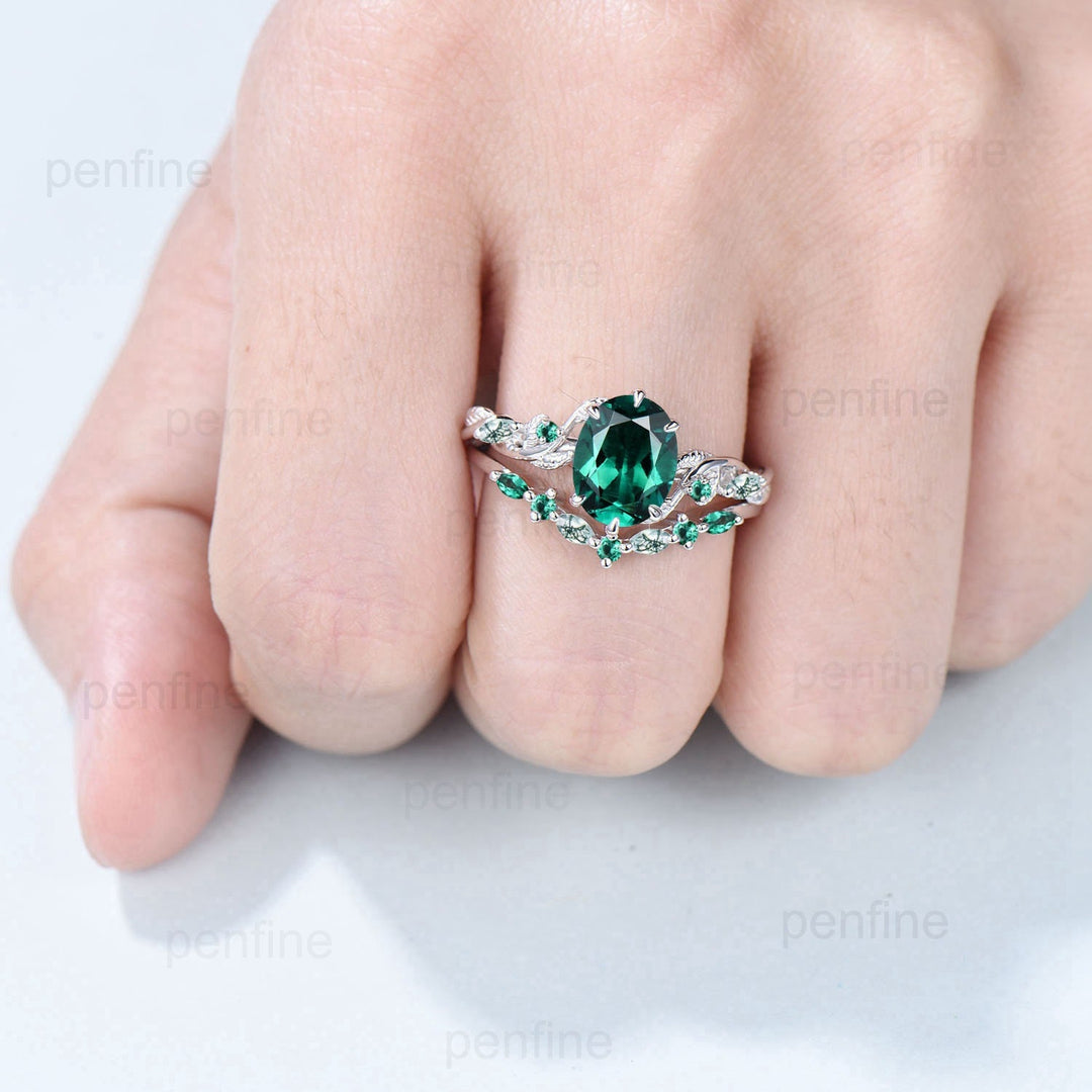 Retro 2Ct 7x9mm Oval emerald engagement ring set nature inspired Leaf Vine wedding marquise moss agate ring set Handmade Proposal Gifts - PENFINE