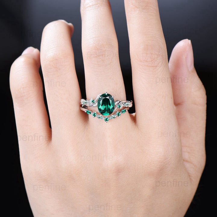 Retro 2Ct 7x9mm Oval emerald engagement ring set nature inspired Leaf Vine wedding marquise moss agate ring set Handmade Proposal Gifts - PENFINE