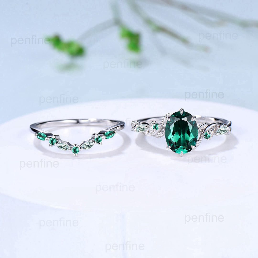 Retro 2Ct 7x9mm Oval emerald engagement ring set nature inspired Leaf Vine wedding marquise moss agate ring set Handmade Proposal Gifts - PENFINE