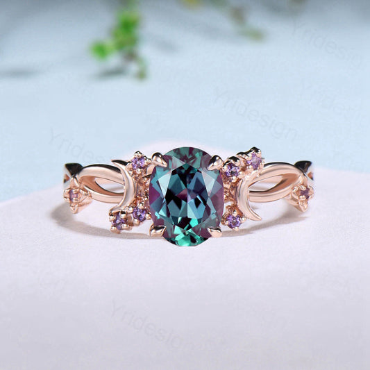 Vintage 1.5CT Oval Cut Alexandrite Ring Twig Infinity  Color Change Moon Engagement Ring Unique Flower Amethyst Wedding Ring Gift For Women - PENFINE