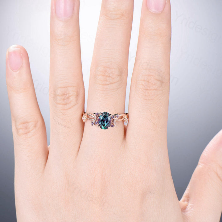 Vintage 1.5CT Oval Cut Alexandrite Ring Twig Infinity  Color Change Moon Engagement Ring Unique Flower Amethyst Wedding Ring Gift For Women - PENFINE