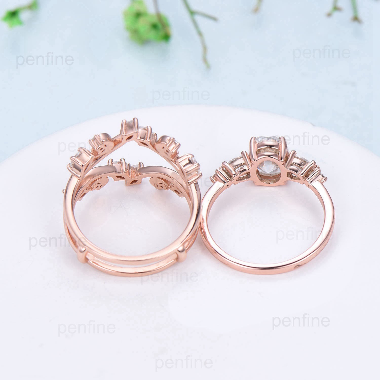 Nature Inspired oval morganite engagement ring set rose gold Leaf vine moon engagement ring women double vintage alexandrite matching band - PENFINE