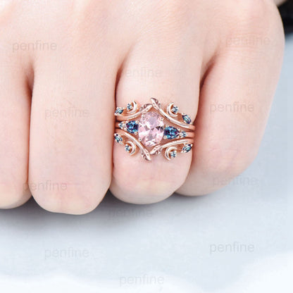 Nature Inspired oval morganite engagement ring set rose gold Leaf vine moon engagement ring women double vintage alexandrite matching band - PENFINE