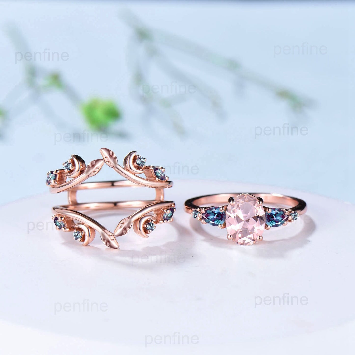 Nature Inspired oval morganite engagement ring set rose gold Leaf vine moon engagement ring women double vintage alexandrite matching band - PENFINE