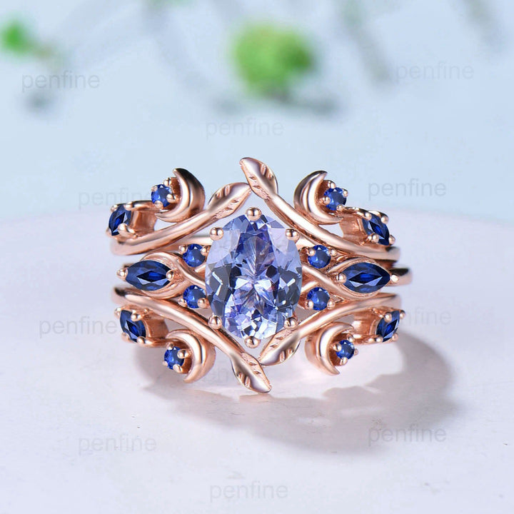 1.5CT Natural Oval Tanzanite Engagement Ring Set Marquise Blue Sapphire Moon Wedding Ring Nature Inspired Double Leaf Stacking Bridal Set - PENFINE