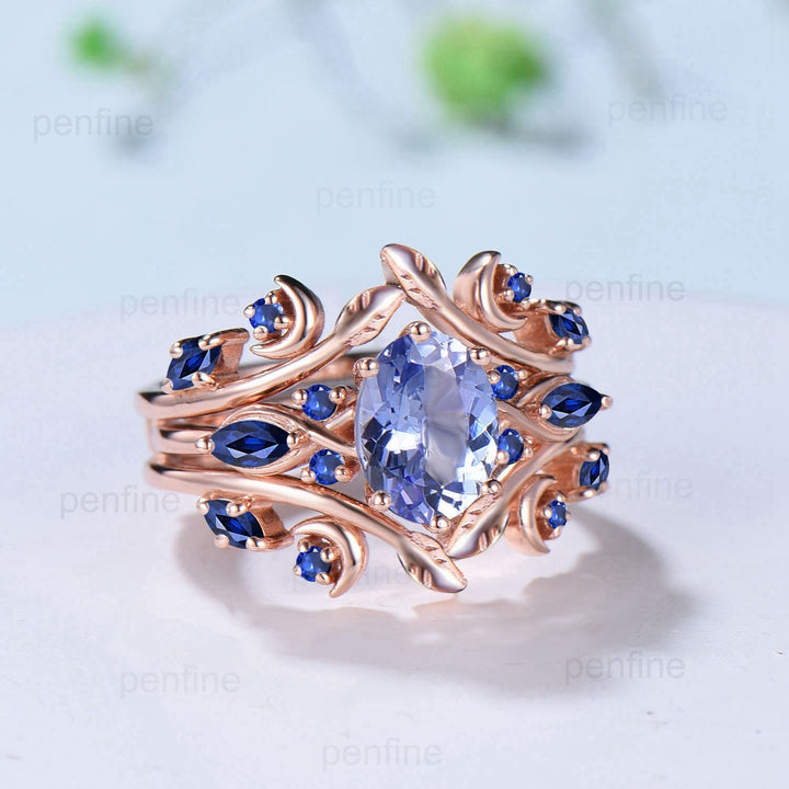 1.5CT Natural Oval Tanzanite Engagement Ring Set Marquise Blue Sapphire Moon Wedding Ring Nature Inspired Double Leaf Stacking Bridal Set - PENFINE