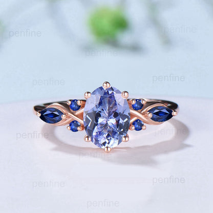 1.5CT Natural Oval Tanzanite Engagement Ring Set Marquise Blue Sapphire Moon Wedding Ring Nature Inspired Double Leaf Stacking Bridal Set - PENFINE