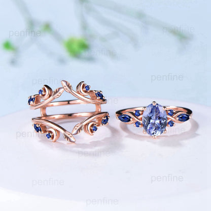 1.5CT Natural Oval Tanzanite Engagement Ring Set Marquise Blue Sapphire Moon Wedding Ring Nature Inspired Double Leaf Stacking Bridal Set - PENFINE