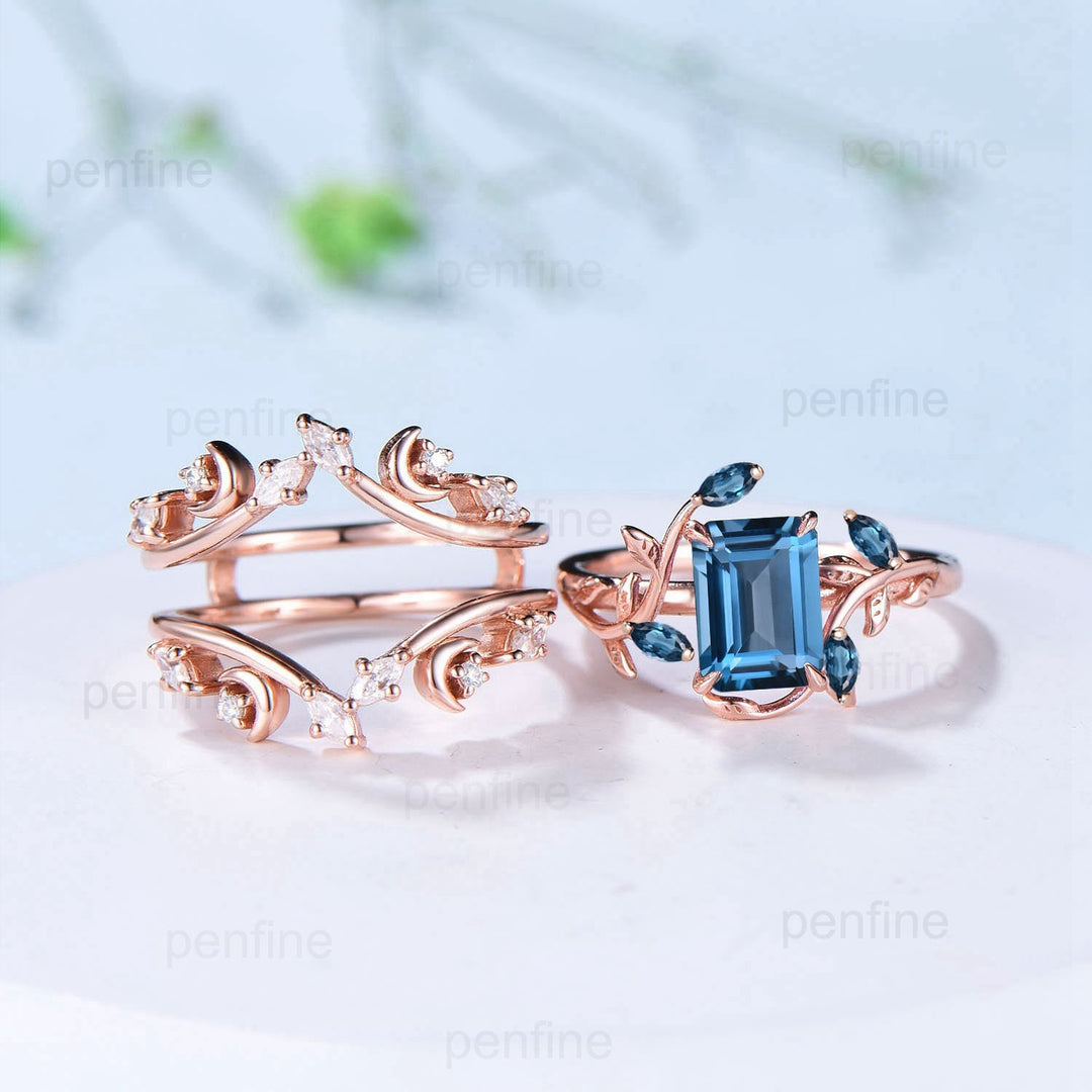 Art Deco emerald cut London blue topaz engagement ring set nature inspired deep blue wedding set double leaf vine moon topaz bridal ring set - PENFINE