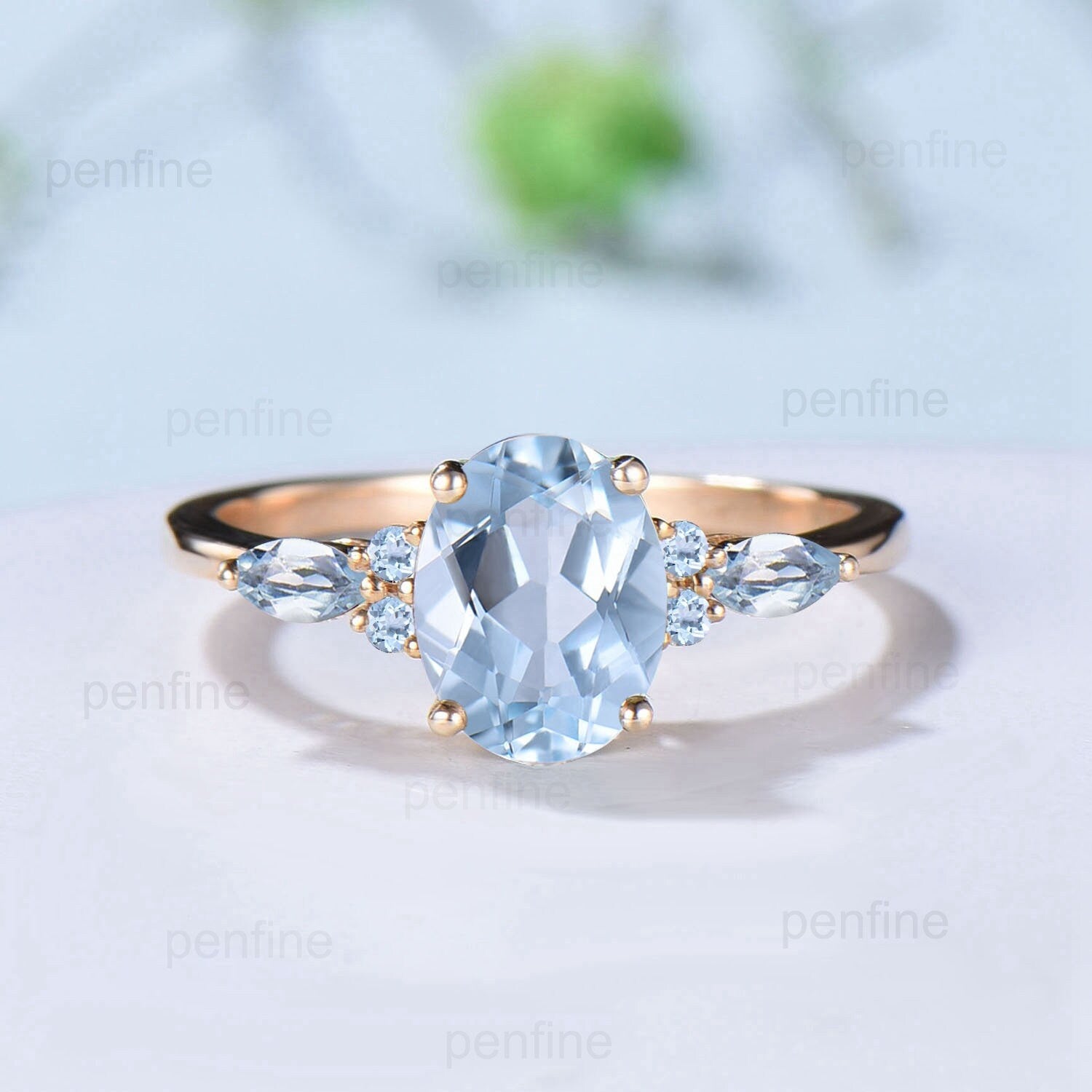 Vintage Oval Aquamarine Engagement Ring Set Leaf Bine Aquamarine Wedding Ring March Birthstone Double Curved Moon Opal Twig Bridal Set women - PENFINE