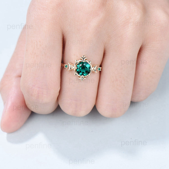 Vintage Crescent Moon Emerald Engagement Ring Unique Nature Inspired Flower Galaxy Star Yellow Gold  Emerald Wedding Ring Anniversary gift - PENFINE