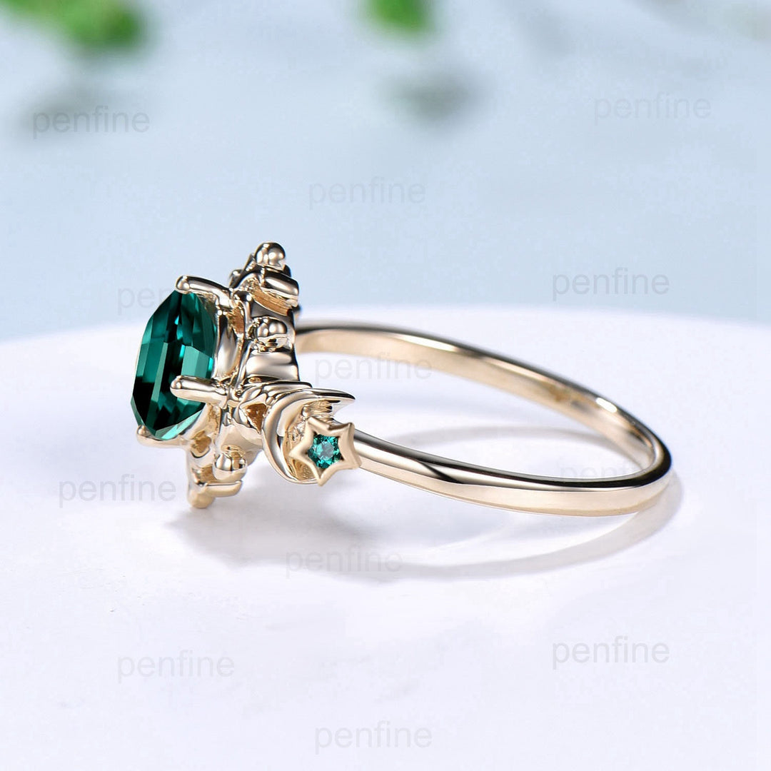 Vintage Crescent Moon Emerald Engagement Ring Unique Nature Inspired Flower Galaxy Star Yellow Gold  Emerald Wedding Ring Anniversary gift - PENFINE