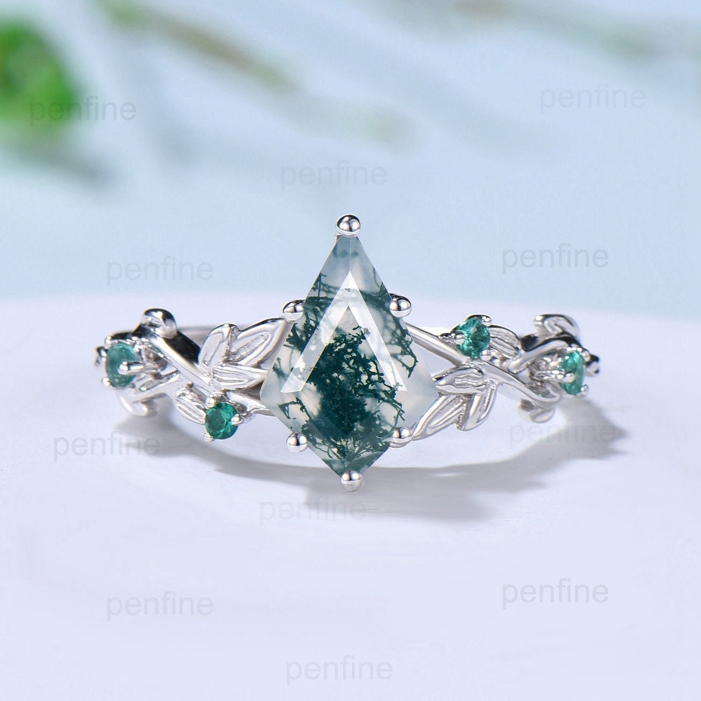 7X10mm Kite Twig Moss Agate Engagement Ring Leaf Vine Green Agate Wedding Set  Nature Inspired White Gold Emerald Anniversary Ring For Women - PENFINE