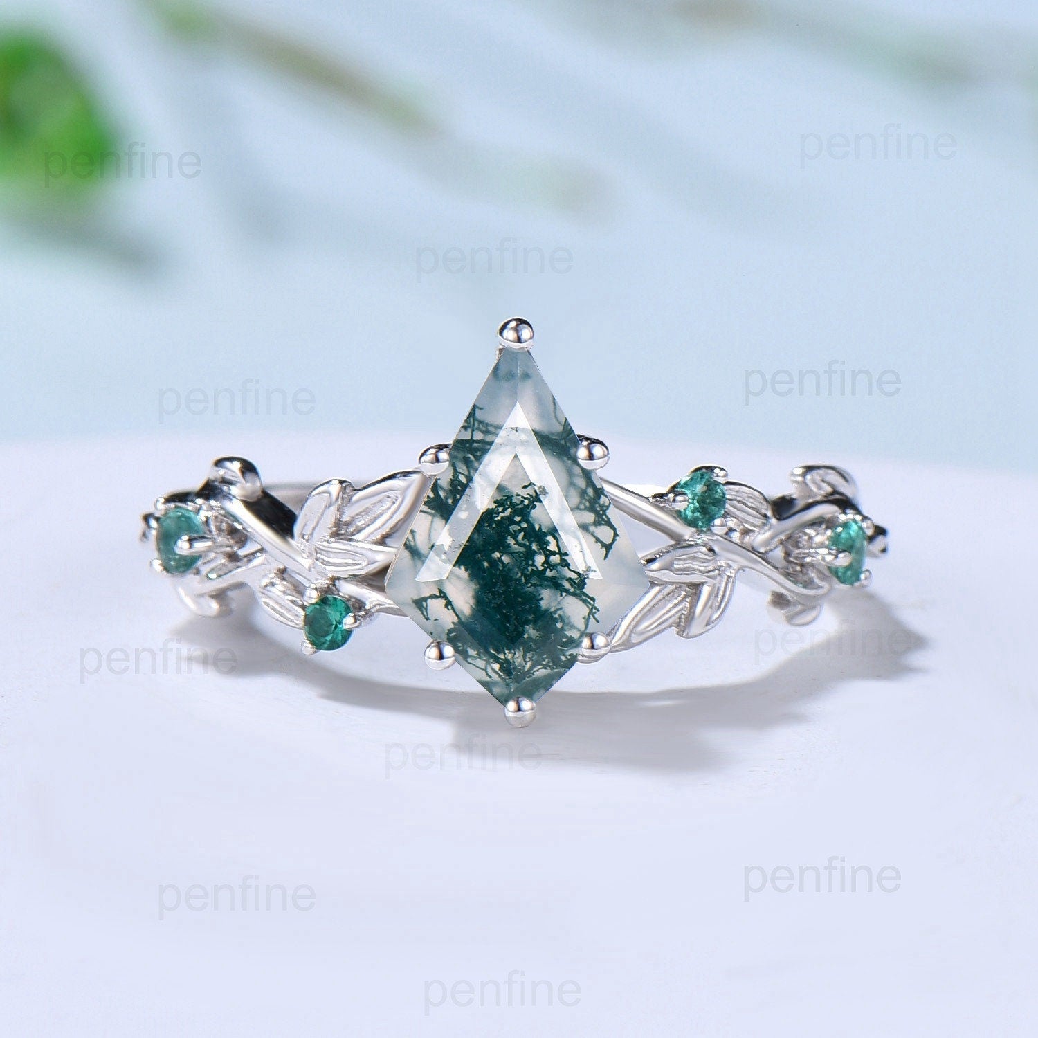 7X10mm Kite Twig Moss Agate Engagement Ring Leaf Vine Green Agate Wedding Set  Nature Inspired White Gold Emerald Anniversary Ring For Women - PENFINE