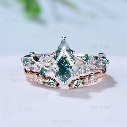 7X10mm Kite Twig Moss Agate Engagement Ring Leaf Vine Green Agate Wedding Set  Nature Inspired White Gold Emerald Anniversary Ring For Women - PENFINE