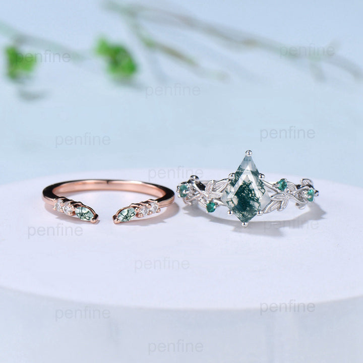 7X10mm Kite Twig Moss Agate Engagement Ring Leaf Vine Green Agate Wedding Set  Nature Inspired White Gold Emerald Anniversary Ring For Women - PENFINE