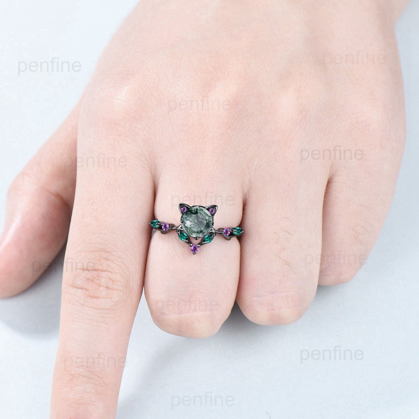 Dainty 5mm Round Green Moss Agate Cate Ring Vintage Aquatic Agate Engagement Ring Black Gold Marquise Emerald Amethyst Wedding Ring for Her - PENFINE