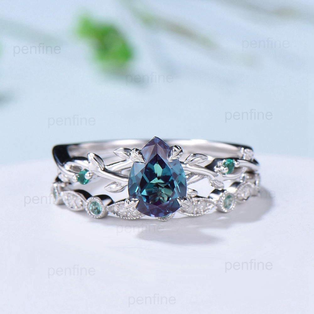 Twig Alexandrite Ring Set Vintage Pear Shaped 14K White Gold Engagement Ring Nature Inspired Wedding Set Art Deco Emerald Bridal Ring Set - PENFINE