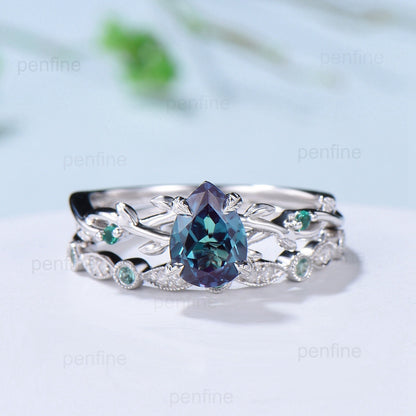 Twig Alexandrite Ring Set Vintage Pear Shaped 14K White Gold Engagement Ring Nature Inspired Wedding Set Art Deco Emerald Bridal Ring Set - PENFINE