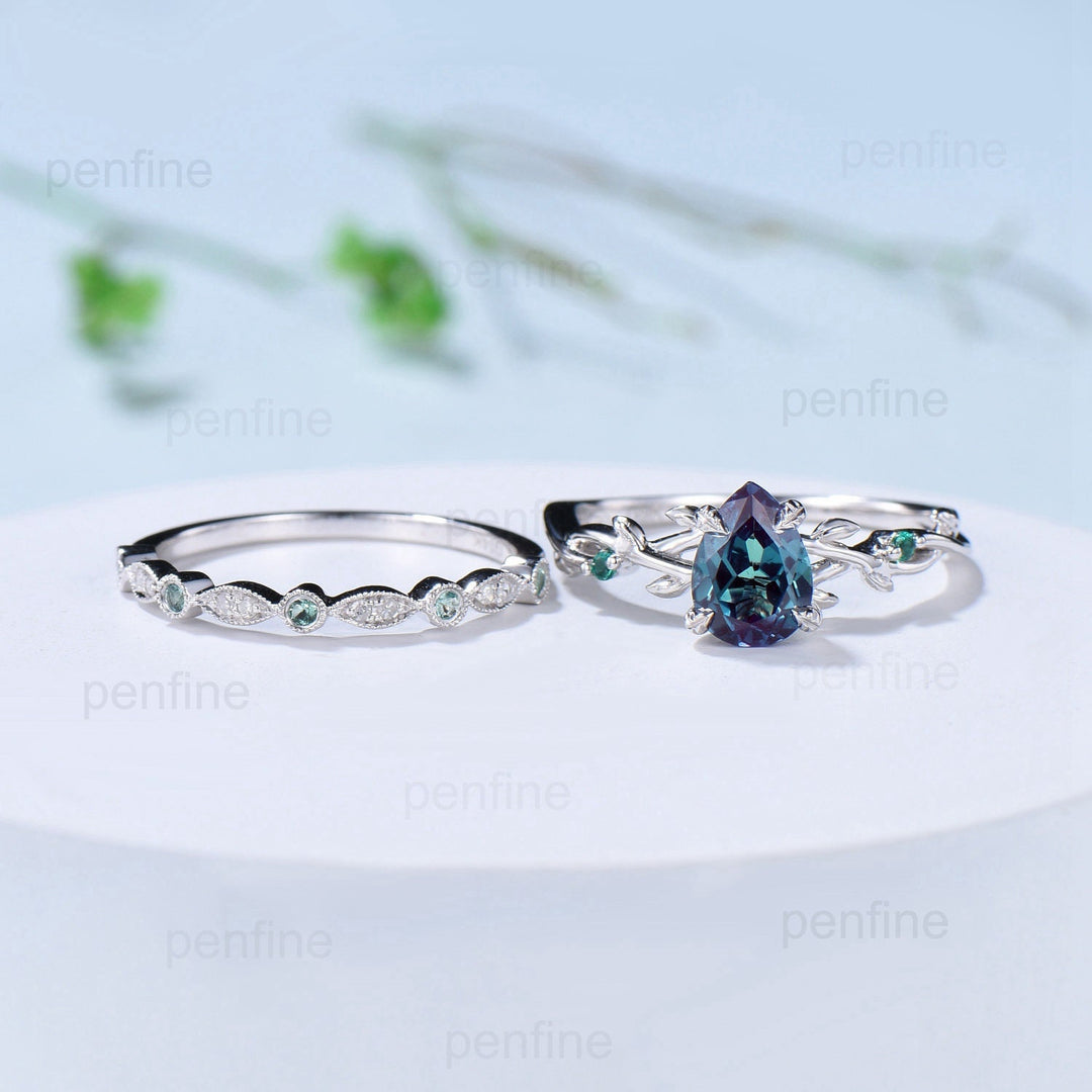 Twig Alexandrite Ring Set Vintage Pear Shaped 14K White Gold Engagement Ring Nature Inspired Wedding Set Art Deco Emerald Bridal Ring Set - PENFINE