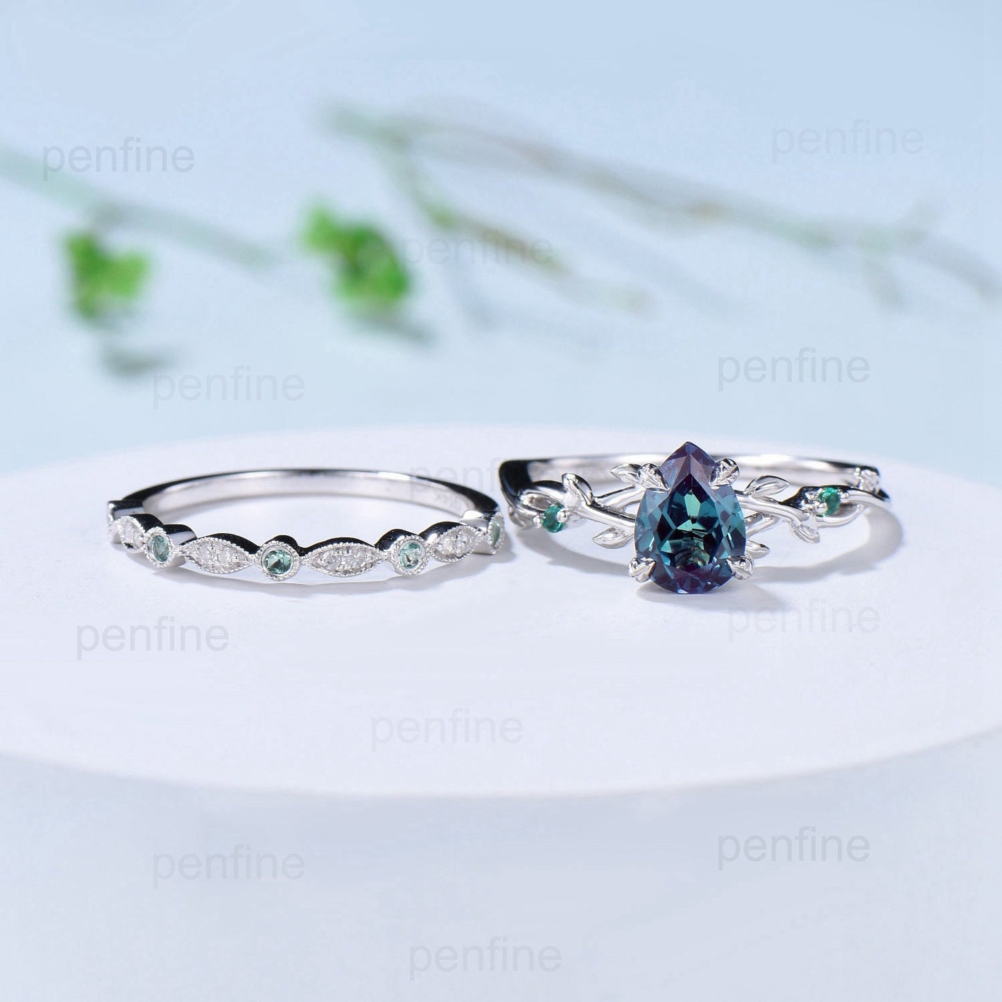 Twig Alexandrite Ring Set Vintage Pear Shaped 14K White Gold Engagement Ring Nature Inspired Wedding Set Art Deco Emerald Bridal Ring Set - PENFINE