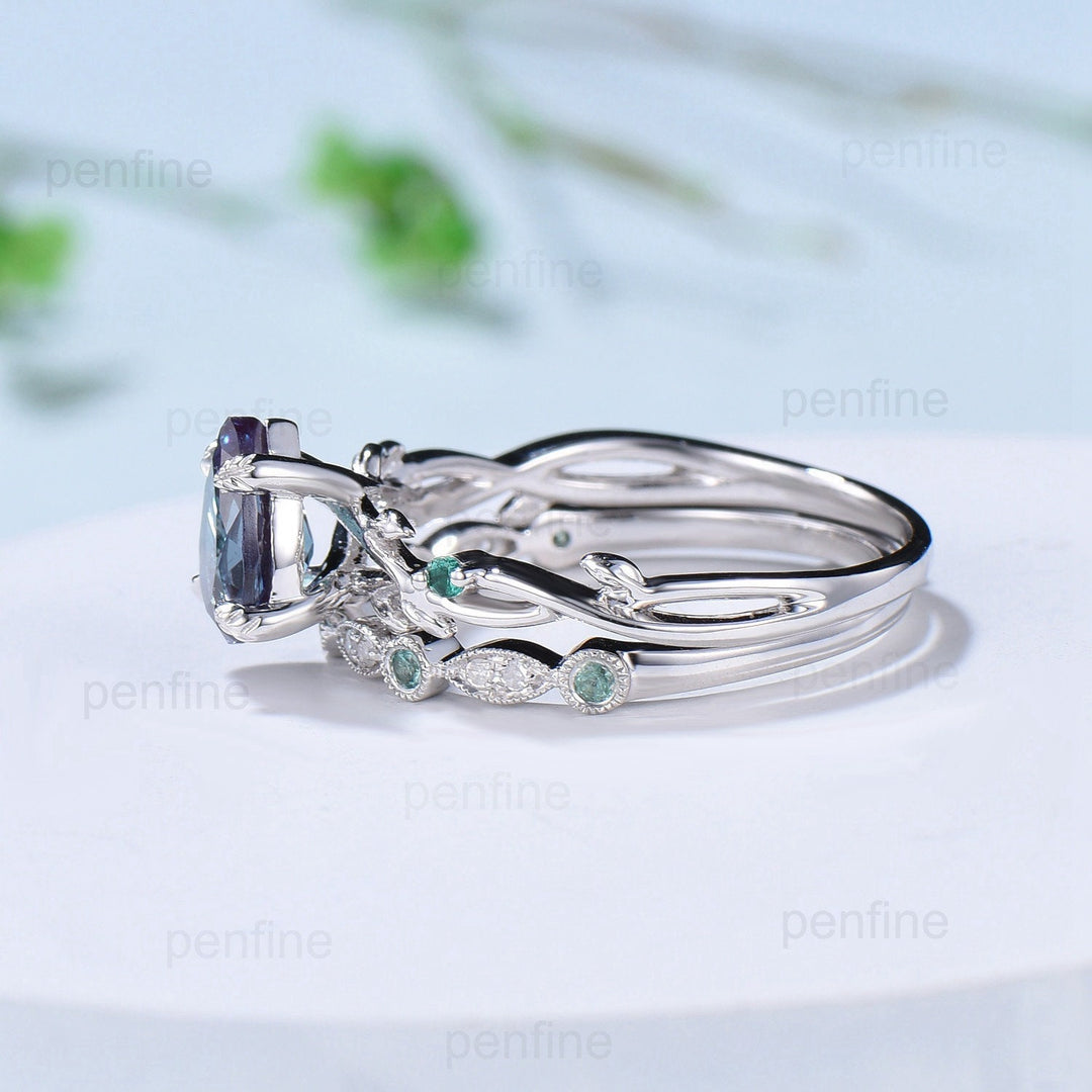 Twig Alexandrite Ring Set Vintage Pear Shaped 14K White Gold Engagement Ring Nature Inspired Wedding Set Art Deco Emerald Bridal Ring Set - PENFINE