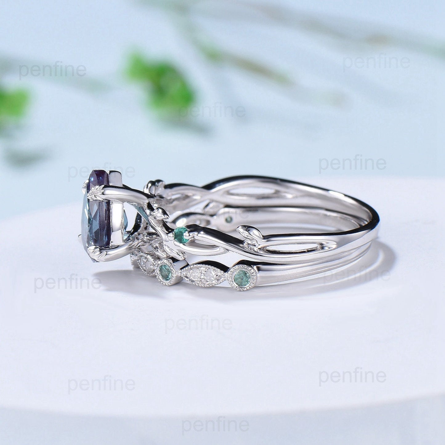 Twig Alexandrite Ring Set Vintage Pear Shaped 14K White Gold Engagement Ring Nature Inspired Wedding Set Art Deco Emerald Bridal Ring Set - PENFINE