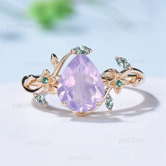 Elegant Lavender Amethyst Ring Nature Inspired Pear Shaped February Birthstone Twig Engagement Ring Flower Emerald Green Agate Wedding Ring - PENFINE