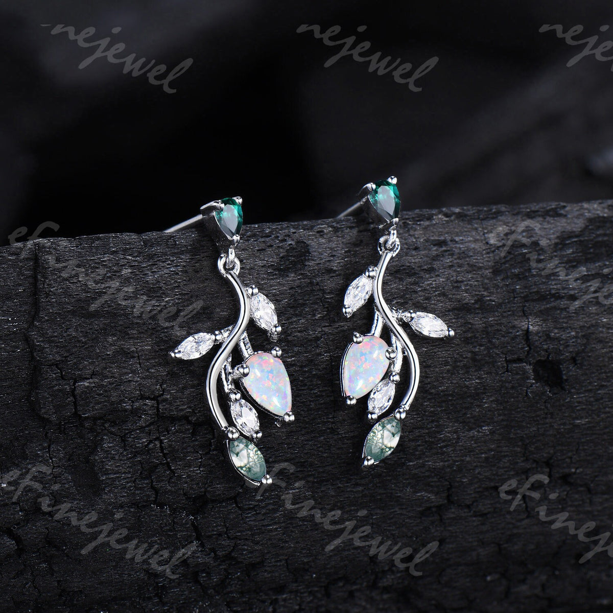 Opal Leaf Branch Drop Earrings, Emerald Moss Agate Moissanite Dangle