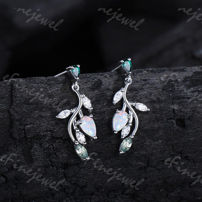 Opal Leaf Branch Drop Earrings, Emerald Moss Agate Moissanite Dangle
