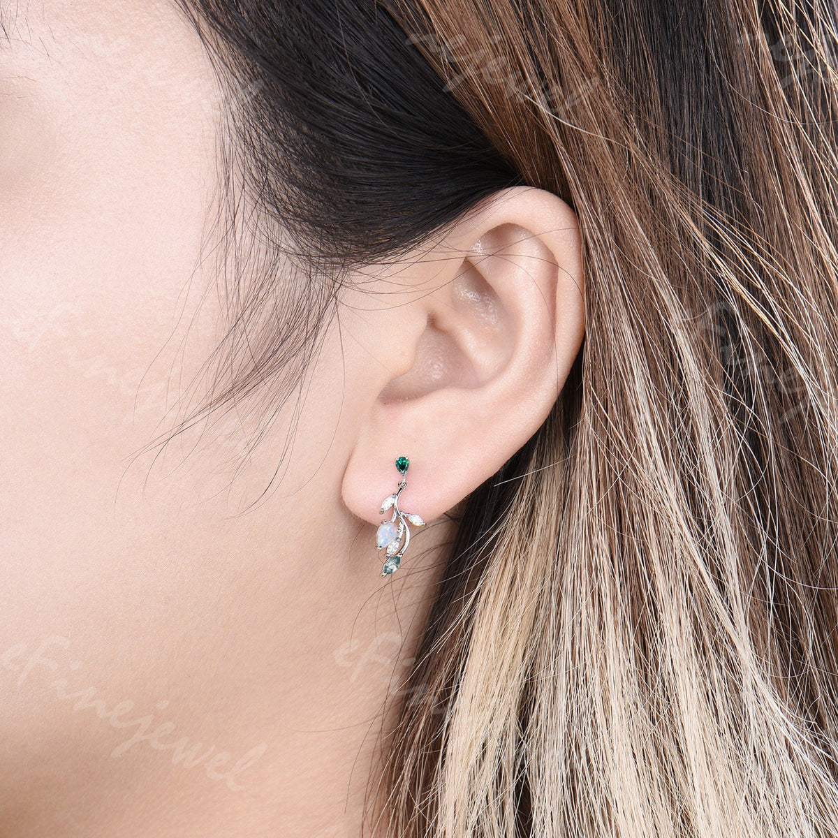 Opal Leaf Branch Drop Earrings, Emerald Moss Agate Moissanite Dangle