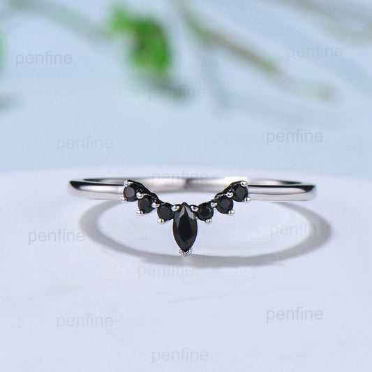 Black diamond wedding ring silver white gold curved marquise black spinel matching band art deco stackable ring band wedding promise ring - PENFINE