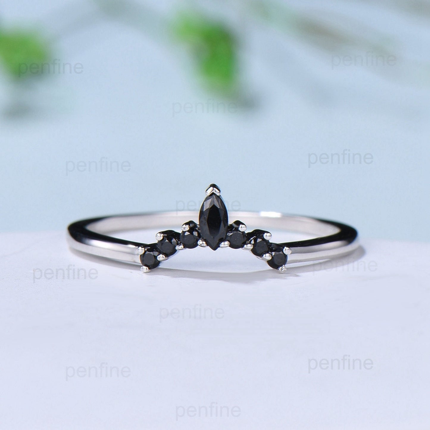 Black diamond wedding ring silver white gold curved marquise black spinel matching band art deco stackable ring band wedding promise ring - PENFINE