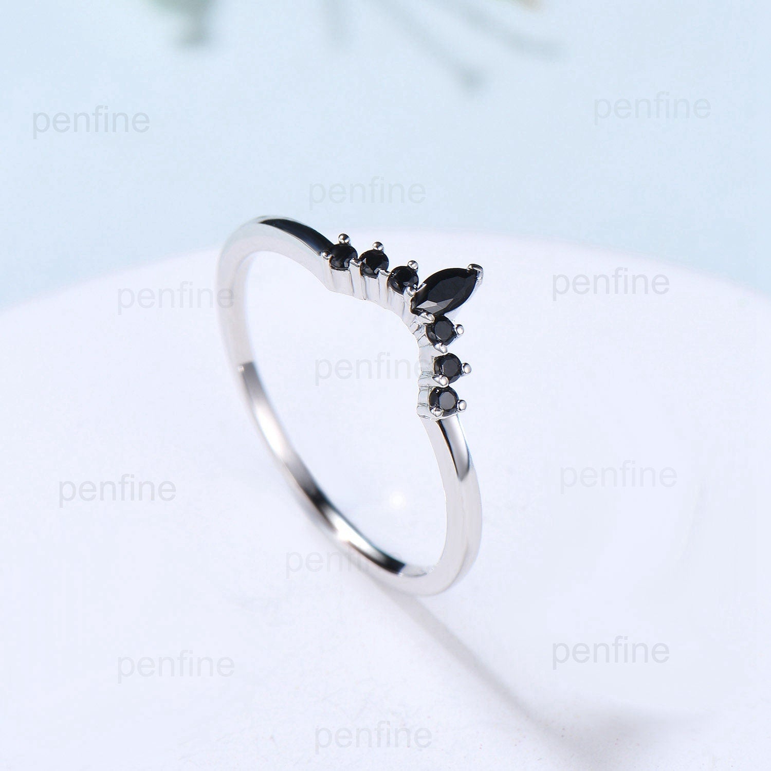 Black diamond wedding ring silver white gold curved marquise black spinel matching band art deco stackable ring band wedding promise ring - PENFINE