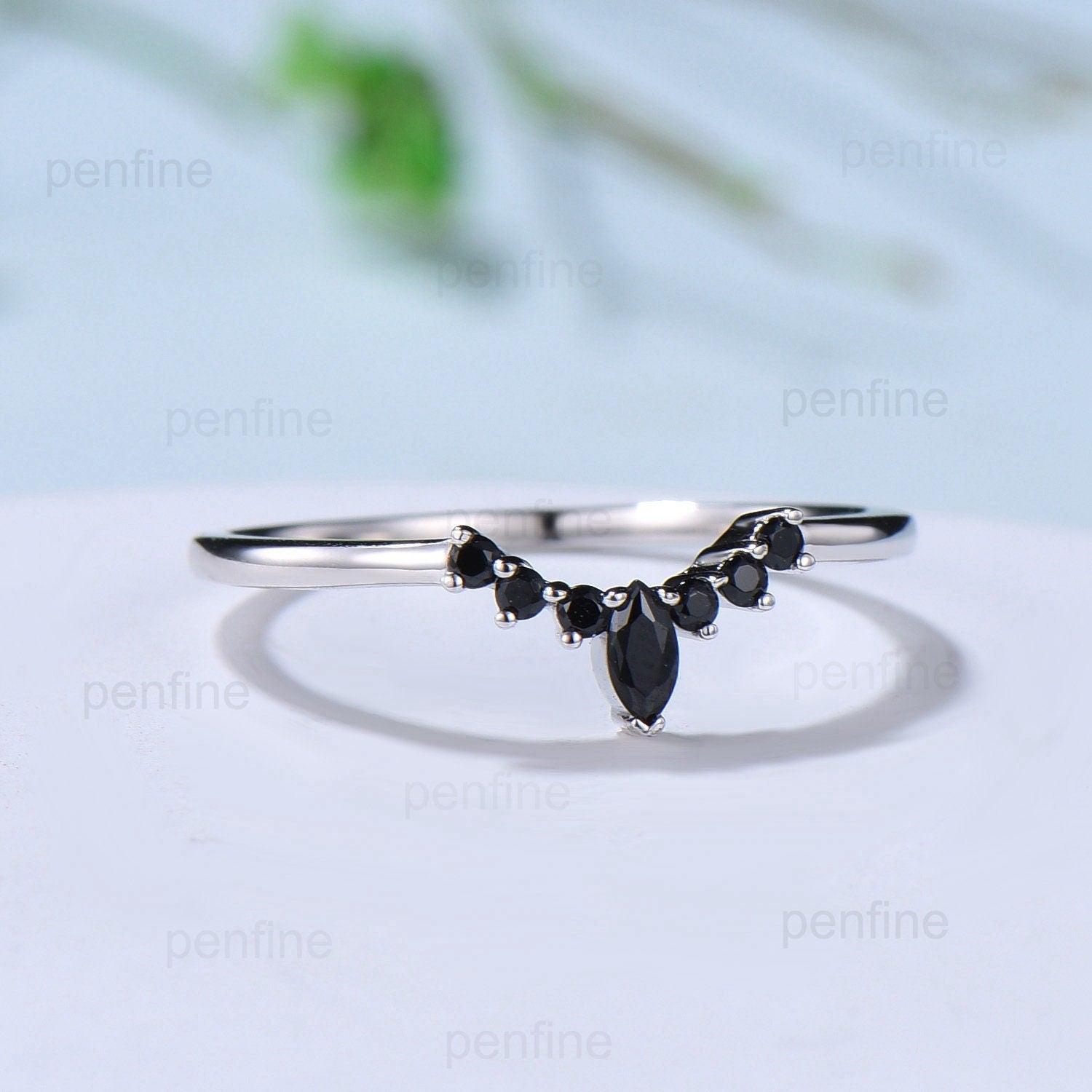 Black diamond wedding ring silver white gold curved marquise black spinel matching band art deco stackable ring band wedding promise ring - PENFINE