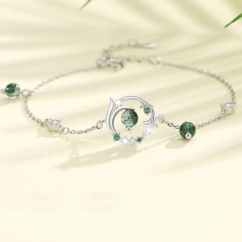 Forest moss agate emerald wedding set solitaire green crystal white gold dainty pendant necklace nature inspired stud earrings bracelet - PENFINE