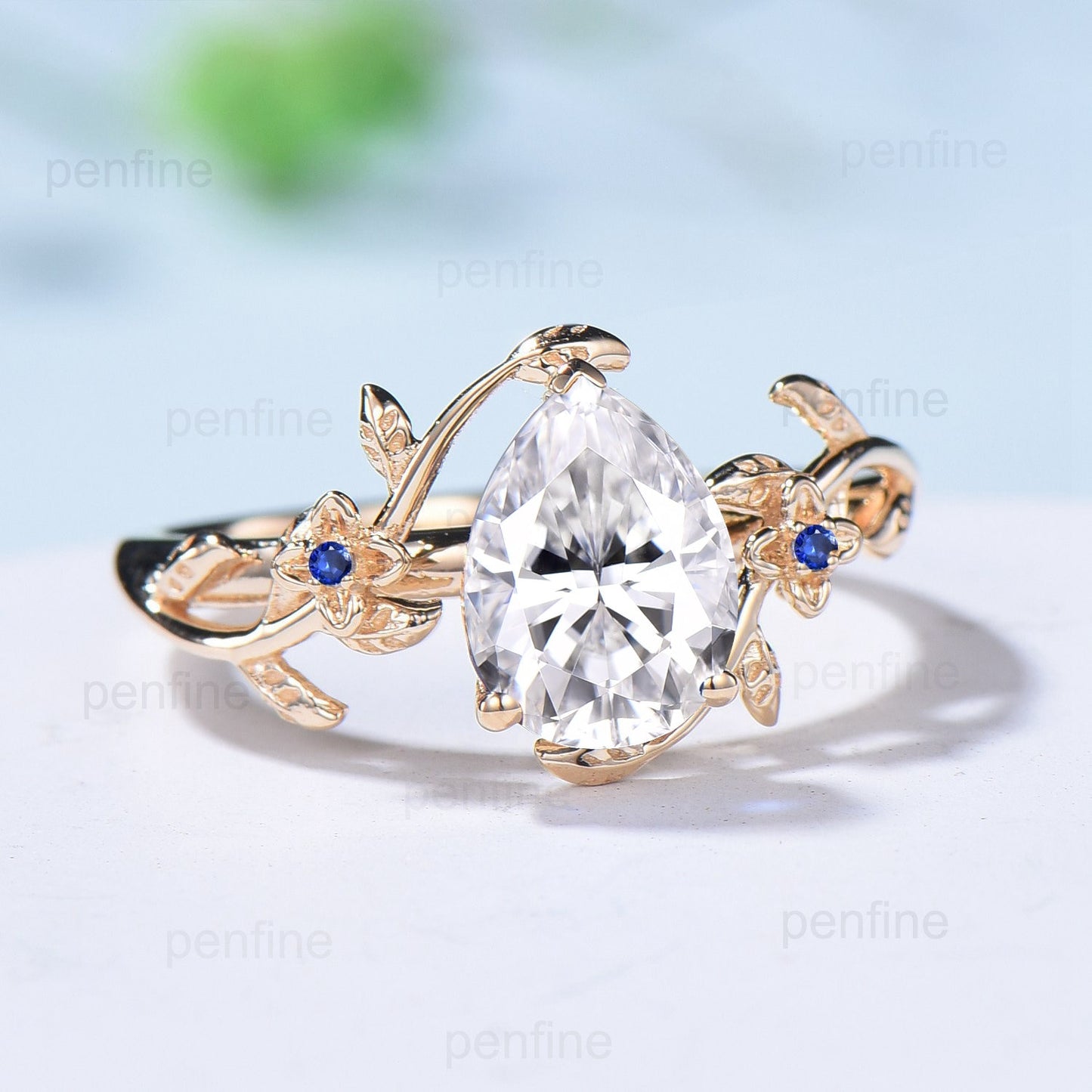Art Deco Diamond Engagement Ring VVS-D Pear Shaped Nature Inspired Lab Grown Diamond IGI Certificate Elegant Moissanite Flower Wedding Ring - PENFINE
