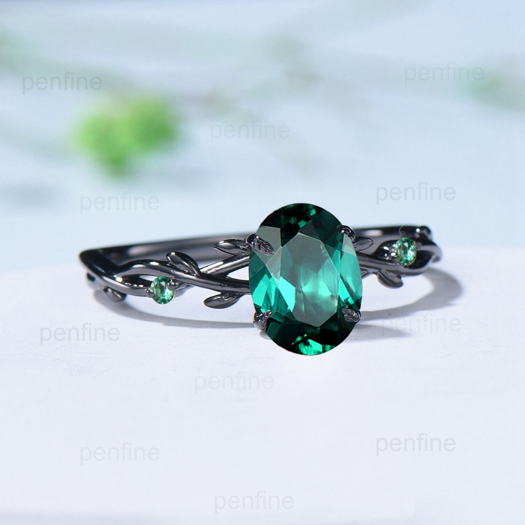 Black Gold Oval Emerald Engagement Ring Leaf Branch Lab emerald Promise Ring Nature Inspired Wedding Ring Unique Twig Anniversary Gift Mom - PENFINE