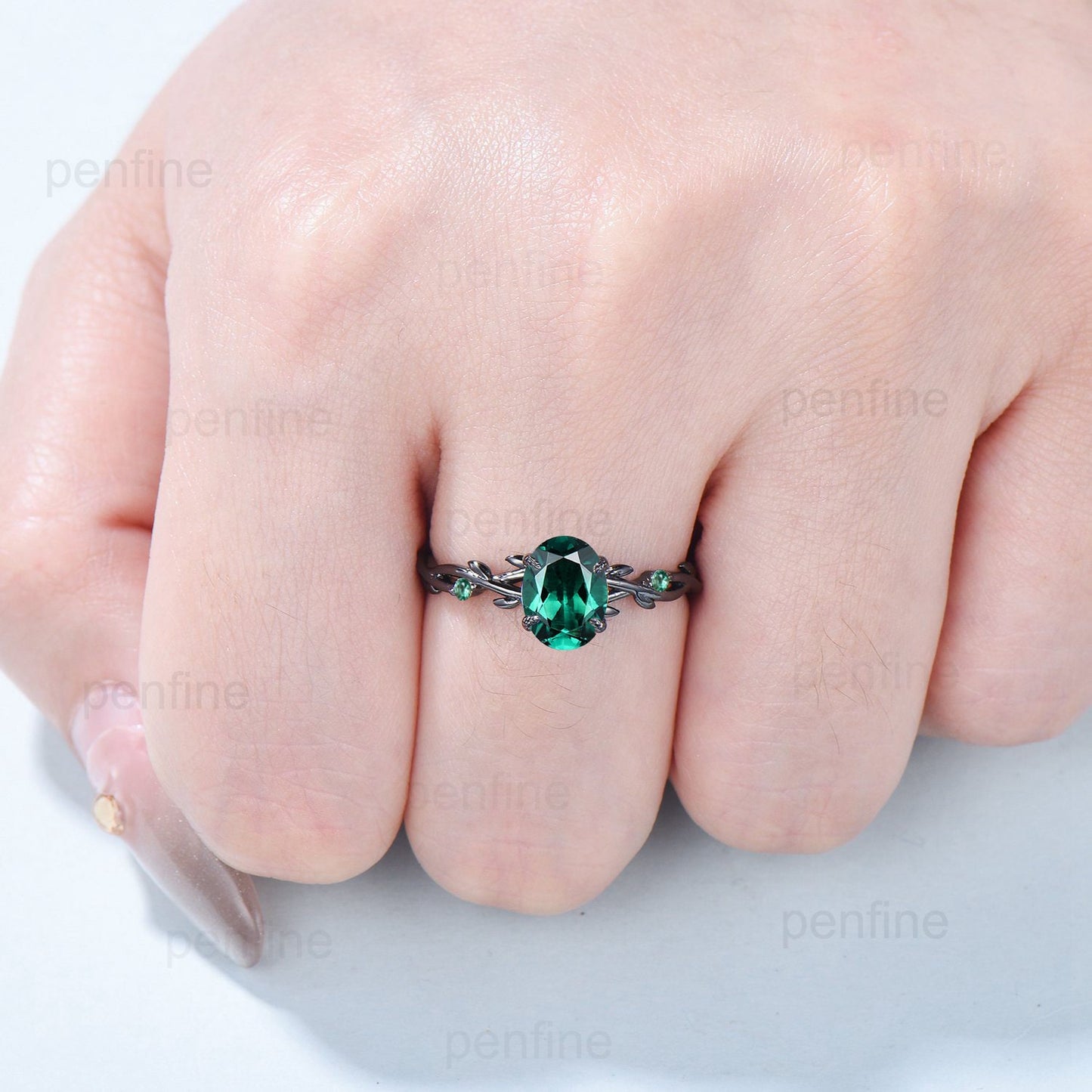 Black Gold Oval Emerald Engagement Ring Leaf Branch Lab emerald Promise Ring Nature Inspired Wedding Ring Unique Twig Anniversary Gift Mom - PENFINE