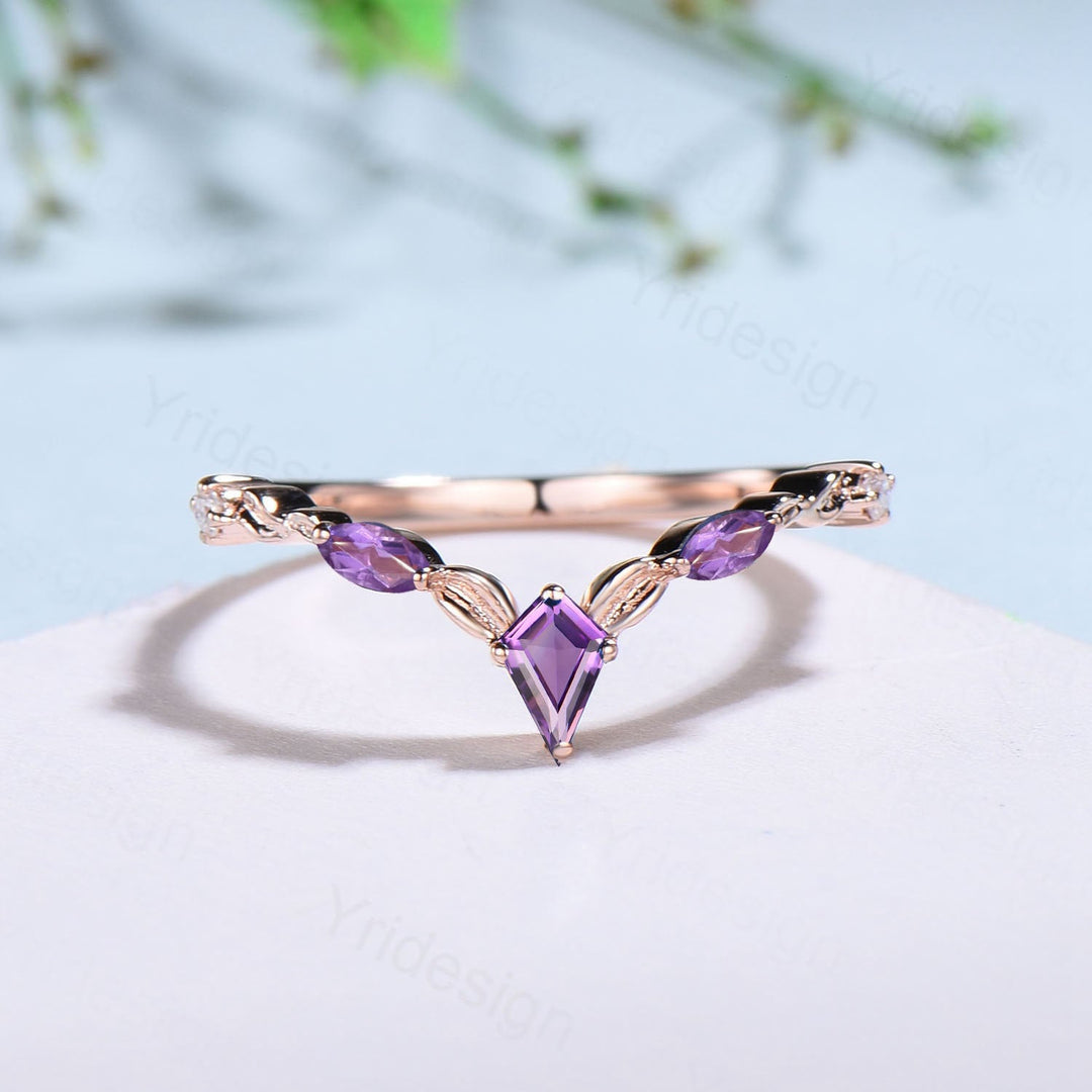 Amethyst Wedding Band: Rose Gold Twisted Vine Kite Stacking Ring - PENFINE