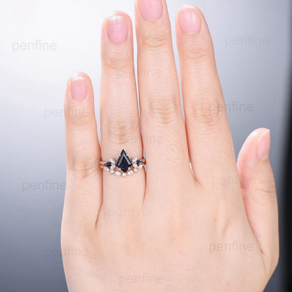 Vintage black rutilated quartz engagement ring kite cut white gold seven stone marquise cut wedding ring for women anniversary promise ring - PENFINE