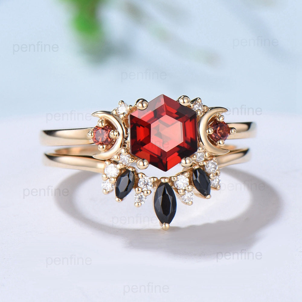 Vintage hexagon cut garnet engagement ring set 14k rose gold garnet moon wedding ring for women unique January birthstone bridal ring set - PENFINE