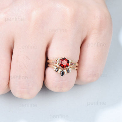 Vintage hexagon cut garnet engagement ring set 14k rose gold garnet moon wedding ring for women unique January birthstone bridal ring set - PENFINE