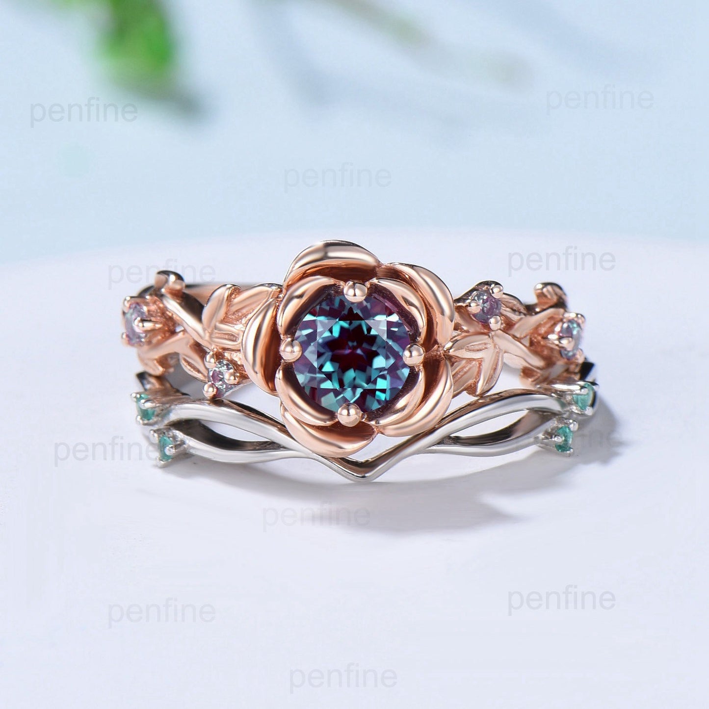 Nature Inspired flower alexandrite engagement ring set twig leaves emerald wedding ring set Vintage flower amethyst stacking bridal set - PENFINE