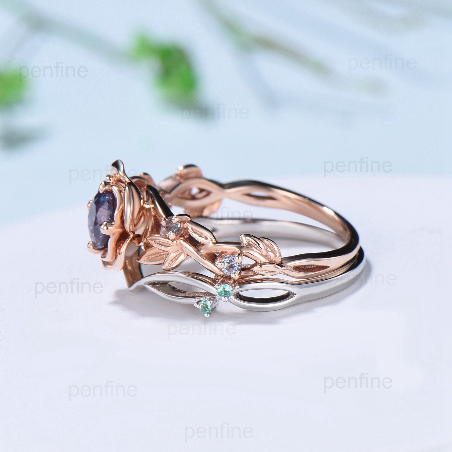 Nature Inspired flower alexandrite engagement ring set twig leaves emerald wedding ring set Vintage flower amethyst stacking bridal set - PENFINE