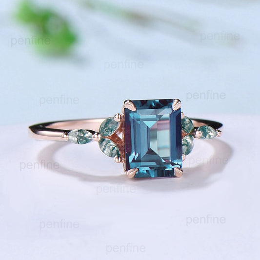 Vintage Emerald Cut Alexandrite Ring Marquise Cut Moss Agate Alexandrite Engagement Ring Rose Gold June Birthstone Seven Stone Promise Ring - PENFINE