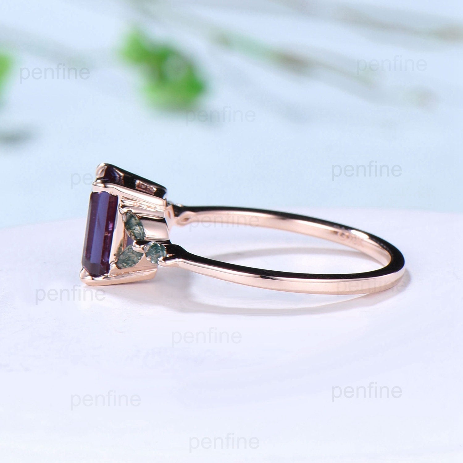 Vintage Emerald Cut  Alexandrite Ring Marquise Cut Moss Agate Alexandrite Engagement Ring Rose Gold June Birthstone Seven Stone Promise Ring - PENFINE