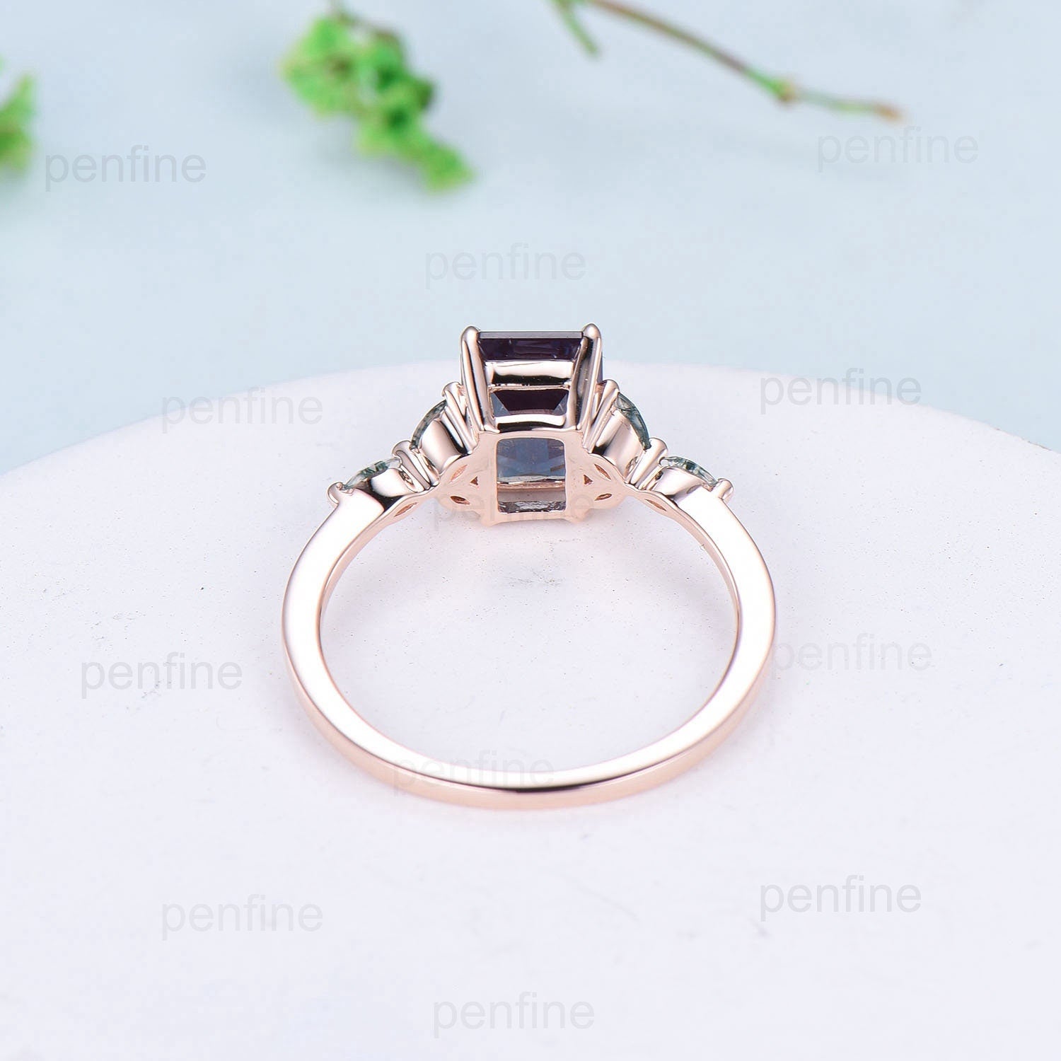 Vintage Emerald Cut  Alexandrite Ring Marquise Cut Moss Agate Alexandrite Engagement Ring Rose Gold June Birthstone Seven Stone Promise Ring - PENFINE