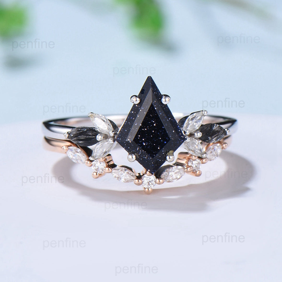 Vintage Kite Cut Blue Sandstone Engagement Ring Set Marquise Cut Black Rutilated Quartz Galaxy Bridal Ring Set Antique Art Deco Wedding Ring - PENFINE